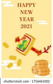 New Year's card: Design of sledgehammer, oval, bales, and haze
Japanese traditional New Year greetings