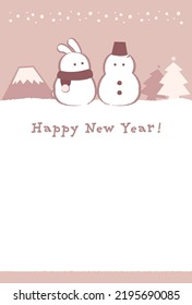 New Year's card design with snowman and rabbit in pink brown background