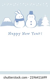 New Year's card design with snowman and rabbit in light blue background