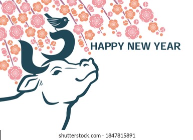 New Year's card design template for 2021 Ox. Background of plum blossoms in full bloom. The smiling cow horns and birds are designed to look like "ushi" in hiragana. Translation: Cow