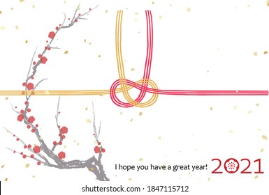 New Year's card designed with plum branches and string-shaped decorations called Mizuhiki, which are often displayed on New Year's Day in Japan