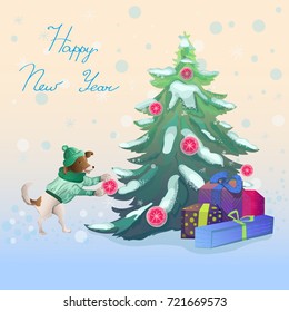New Year's card with a dog, a festive Christmas tree and presents. Vector EPS 10 illustration.