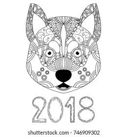 New Year's card with dog. Hand drawn sketch. Zentangle style. Vector illustration. Symbol of 2018. Black and white sample. Coloring book