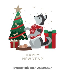 New Year's card with a dog and an inscription. Vector illustration.