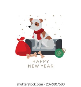 New Year's card with a dog and an inscription. Vector illustration.