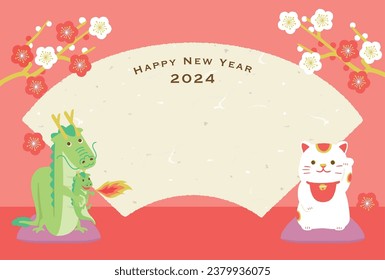 New Year's card of dragon and beckoning cat sitting on a cushion.