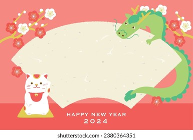 New Year's card of dragon and beckoning cat.