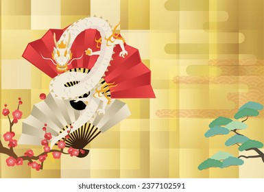New Year's card of a dragon, fan, pine and plum, golden background.