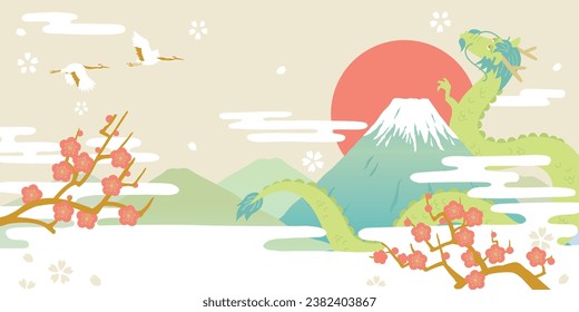 La carta de dragón de Año Nuevo y el Monte Fuji. Primer amanecer en Japón.