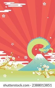 New Year's card of dragon and Mt.Fuji. First sunrise in Japan.