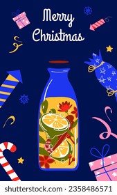 New Year's card with a drink. Winter drink. Vector illustration in a flat style.