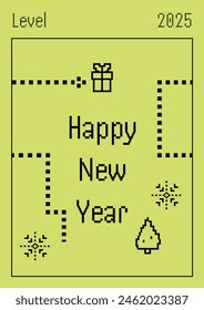 New Year's card with electronic snake game in 90s style. Level 2025. Pixel Christmas tree, gift and snowflakes. Nostalgia poster. Vector vintage illustration. Retro banner design. Memories concept.