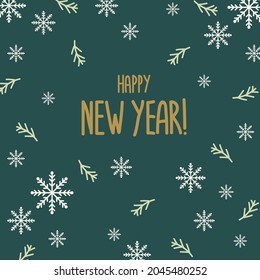 Eine Neujahrskarte mit Elementen aus Schneeflocken. Schneeflocken mit den Buchstaben Neujahr auf dunklem Hintergrund. Weißes Kristallschneeplakat. Vektorgrafik