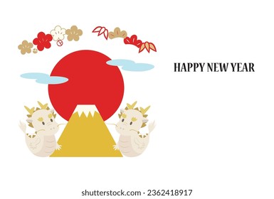 new year's card with a facing dragon,Mt.Fuji,and pine,bamboo,and plum.