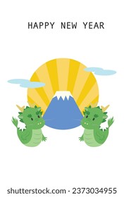 Tarjeta de Año Nuevo con dragones enfrentados, Fuji y fondo de explosión de sol cortados en círculo.