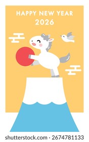 New Year's card featuring Mount Fuji and a horse at sunrise. Year of the Horse 2026. Vertical. Cute illustration.
