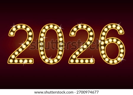 New Year's card featuring the year 2026. Bright vector illustration featuring light bulbs and glitter.