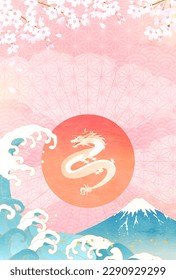 New Year's card with the first sunrise of the year, Mt. Fuji and cherry blossoms. 2024 Year of the Dragon.