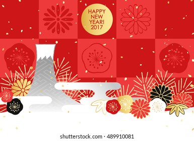 New Year's card Fuji mountain  pine, bamboo, and plum chrysanthemum checkered pattern
