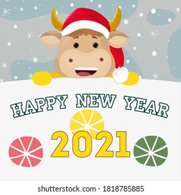 New Year's card. Funny bull. Symbol of 2021 year. Chinese New Year. Vector illustration. 