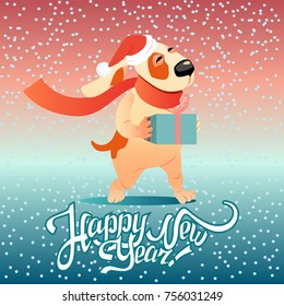 New Year's card with funny dog with a gift on a winter background. dog_winter