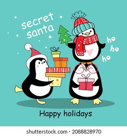 New Year's card with funny penguins. Vector cartoon christmas illustration for kids