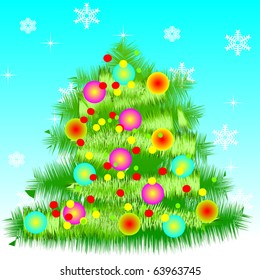 New Year's card with a fur-tree on a red background and snowflakes- vector