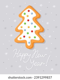 New Year's card with a gingerbread in the form of a christmas tree with white decor. White inscription "Merry christmas". Christmas card. Cute simple illustration. Light gray background. 