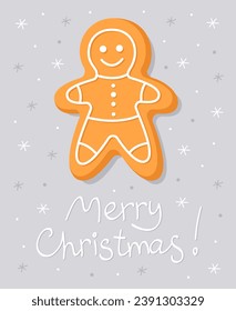 New Year's card with a gingerbread in the form of a gingerbread man with white glaze. White inscription "Merry Christmas". Christmas greeting card. Cute simple illustration. Light gray background. 