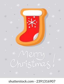 Neujahrskarte mit Lebkuchen in Form einer Weihnachtssocke mit roter Glaze. Weiße Aufschrift "Frohe Weihnachten". Weihnachtskarte. Kleine Illustration. hellgrauer Hintergrund.