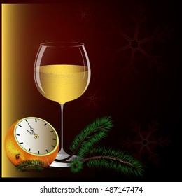 New Year's card, glass of champagne and hours. Vector illustration.