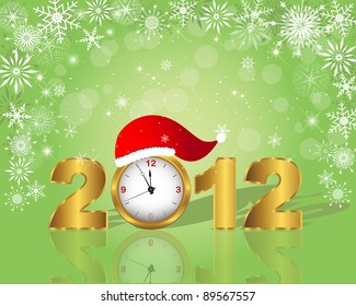 New Year's card. Golden figure 2012 with clock in cap. 10 EPS. Vector illustration.