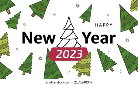New Year's card with green Christmas trees and a greeting on a white background. Happy New Year vector illustration with decorative Christmas trees and snowflakes.