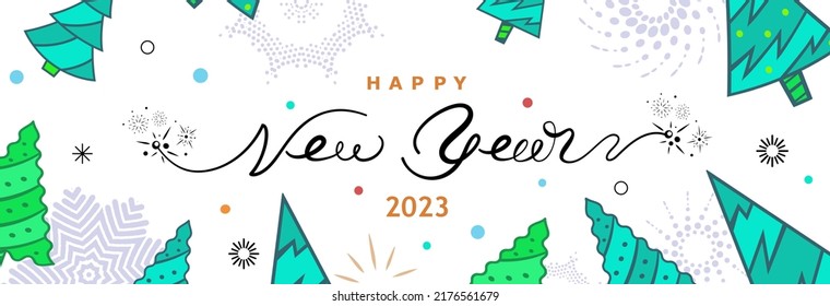 New Year's card with green Christmas trees and a greeting on a white background. Happy New Year vector illustration with decorative Christmas trees and snowflakes.