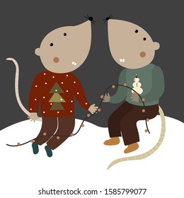 New year's card  with hand drawn cartoon rats, sitting on the snow  and holding the garland - symbol of 2020 year in the Chinese calendar.  Cute hand drawn  vector  illustration for  New year