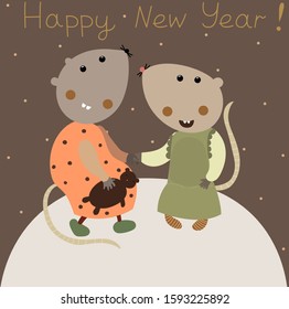 New year's card  with hand drawn cartoon rats, sitting on the snow - symbol of 2020 year in the Chinese calendar . Illustration for Christmas and New Year 