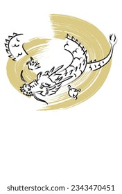 New year's card with hand drawn dragon, brush stroke background.