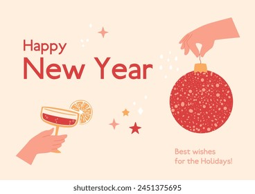 New Year's card with hand holding disco ball and glass of sparkle cocktail with fruit slice. Christmas party invitation in minimalistic vintage style. Vector illustration. Greeting retro banner design