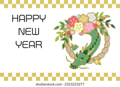 New Year's card with hand-drawn dragons and new year wreath decorations.