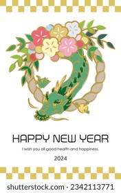 New Year's card with hand-drawn dragons and new year wreath decorations.