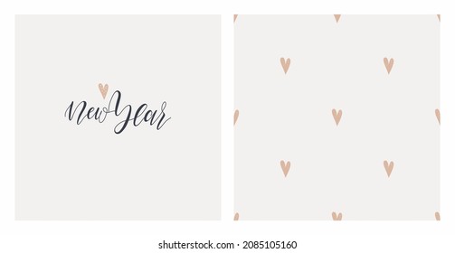 New Year's card with handwritten lettering and seamless pattern of hearts