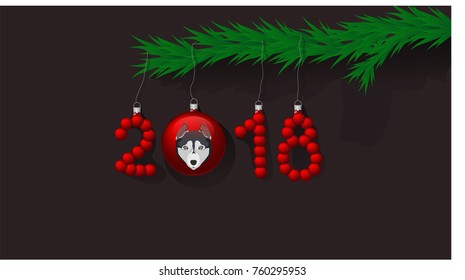 New Year's card. Happy New Year Dog 2018. Merry Christmas Dog bauble. New Year background template