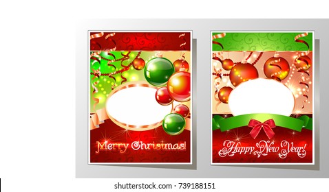 New Year's card for the holiday with Christmas balls, bow, ribbons. New Year's holiday.New Year's vintage frame with the inscription Happy New Year for the holiday.
