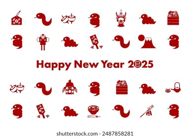 New Year's card illustration for 2025. Snake icon and New Year's icon. Vector illustration. Year of the snake. Chinese characters translation is Snake.