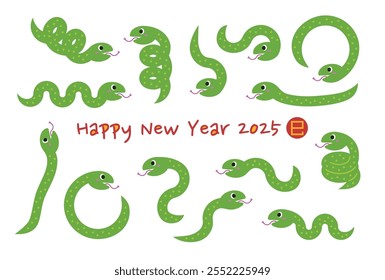 New Year's card illustration for 2025. Green snakes pattern. Vector illustration. Year of the snake. Chinese characters translation is Snake.
