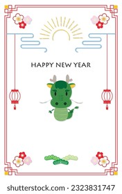 Ilustración de la tarjeta de Año Nuevo con un dragón lindo, marco de dibujo de líneas, pino, ciruela y kadomatsu.