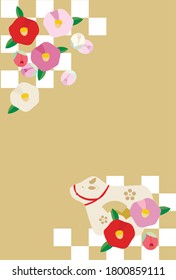 New Year's card illustration designed with a cow doll, a camellia flower and a checkered pattern in the diagonal.