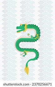 New Year's card illustration of a dragon holding a sideways jewel, seigaiha pattern background.