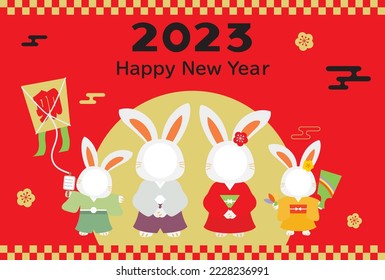 New Year's card illustration with face window of the Year of the Rabbit and Japanese letter. Translation : "Rabbit"