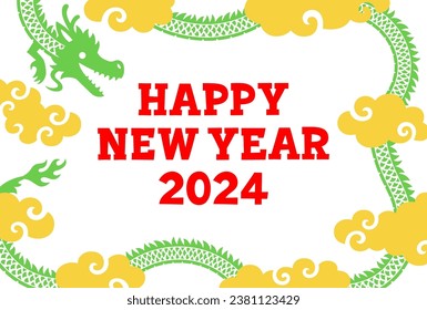 New year's card Illustration of green dragon and golden clouds frame with the text “HAPPY NEW YEAR 2024”